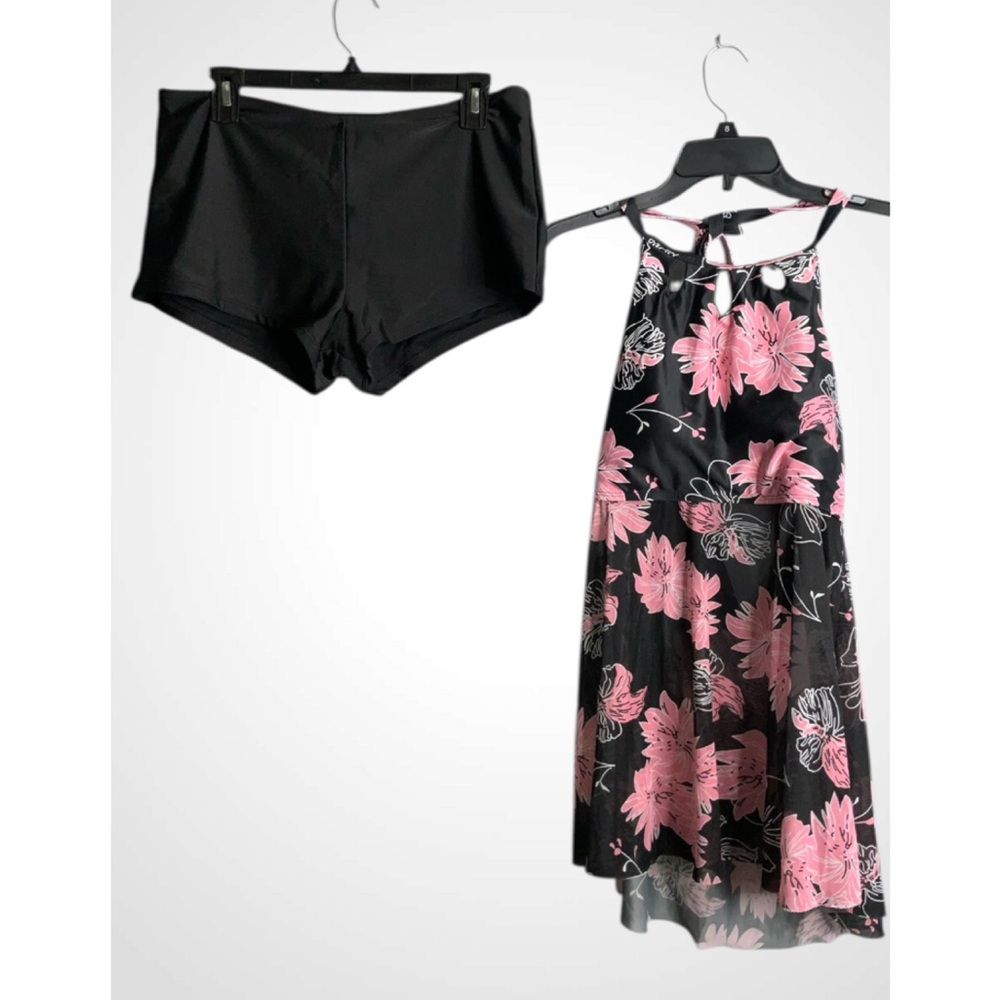 Women's Black & Pink Floral Swim Dress with Black Swim Shorts XL